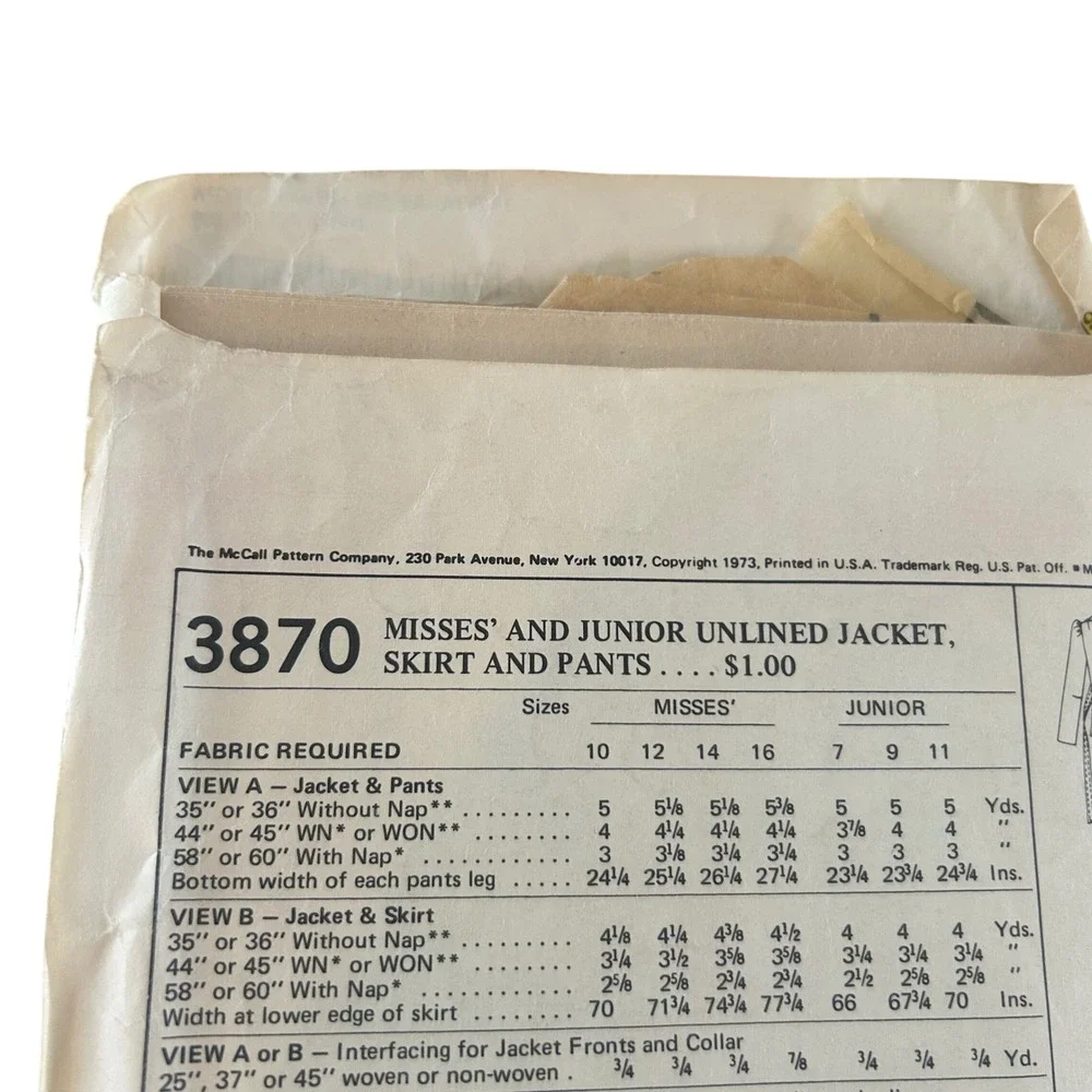 Vintage 1973 McCall's 3870 Pattern Sz 12 Cut Jacket Pants Skirt Wide Leg Career